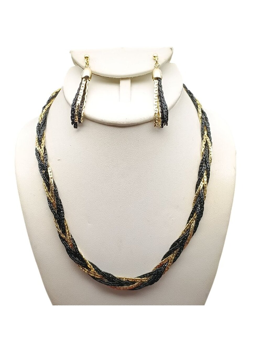 Black & Gold Tone Braided Necklace & Tassel Earrings Set Vintage Jewelry Elegant